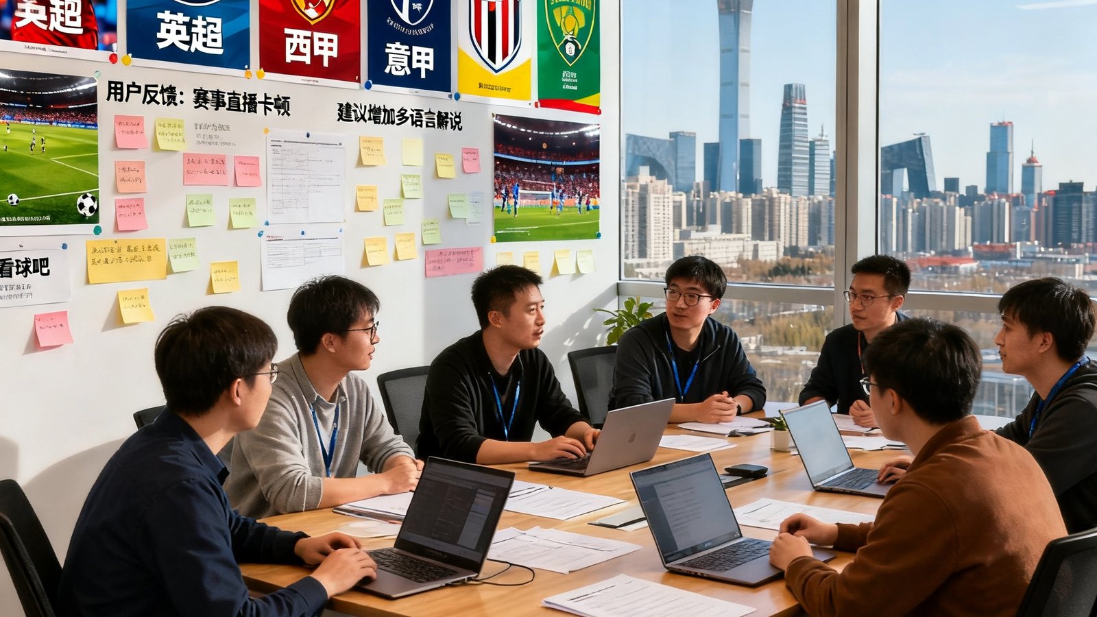 看球吧核心团队在望京SOHO开放式办公室内围绕长桌讨论产品方案，背景墙壁贴满各大联赛官方海报和用户体验反馈便签，窗外是北京城市天际线